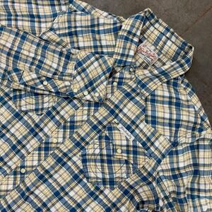 True Religion Western Shirt Mens Blue Yellow Madras Plaid‎ Pearl Snap Rodeo S